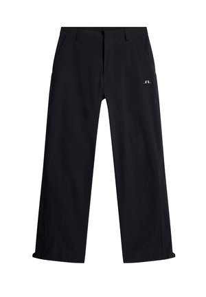 Czarne spodnie o luźnym kroju, z elastyczną talią i dwoma przednimi kieszeniami. Charakterystyczny detal z logo na przodzie oraz gładka faktura materiału.