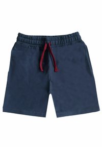 Marineblauwe shorts van glad materiaal met een elastische tailleband en een rode trekkoord. Beschikt over twee zijzakken en een rechte snit.