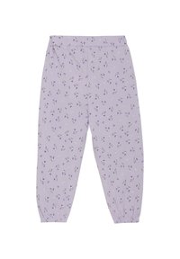 Lila byxor med blommönster, med elastisk midja och rynkade mudd vid anklarna. Mjuk, lättviktsmaterial.