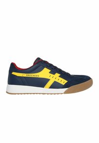 Sneaker con una toma in pelle blu navy, dettagli gialli, rivestimento rosso e una suola intermedia bianca. Presenta una suola in gomma texturizzata per una buona aderenza.