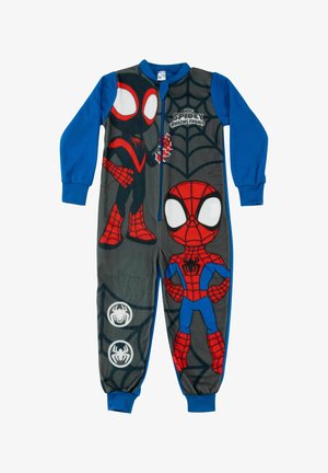 Body in stile Spider-Man realizzato in morbido tessuto. Presenta maniche blu e un torso grigio con stampe del personaggio in rosso e nero e un design a ragnatela. Chiusura a zip.