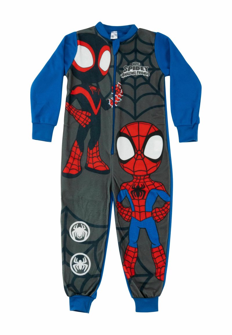 Body in stile Spider-Man realizzato in morbido tessuto. Presenta maniche blu e un torso grigio con stampe del personaggio in rosso e nero e un design a ragnatela. Chiusura a zip.