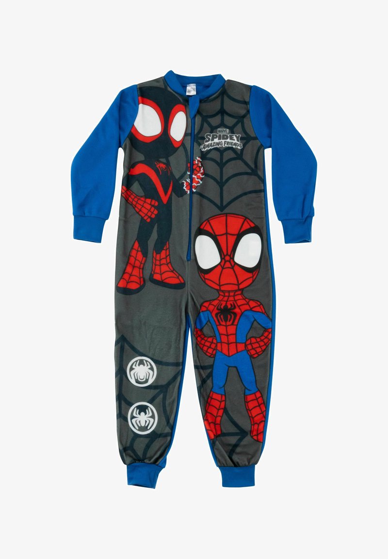 Body in stile Spider-Man realizzato in morbido tessuto. Presenta maniche blu e un torso grigio con stampe del personaggio in rosso e nero e un design a ragnatela. Chiusura a zip.