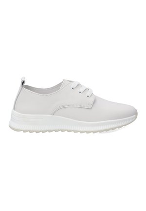White leather sneaker with a smooth finish, rounded toe, six eyelets, and a textured white rubber sole. Features a pull tab at the heel.
