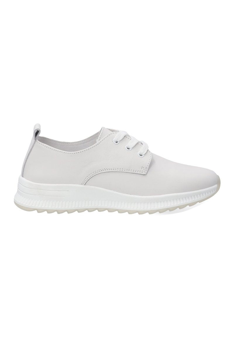 White leather sneaker with a smooth finish, rounded toe, six eyelets, and a textured white rubber sole. Features a pull tab at the heel.