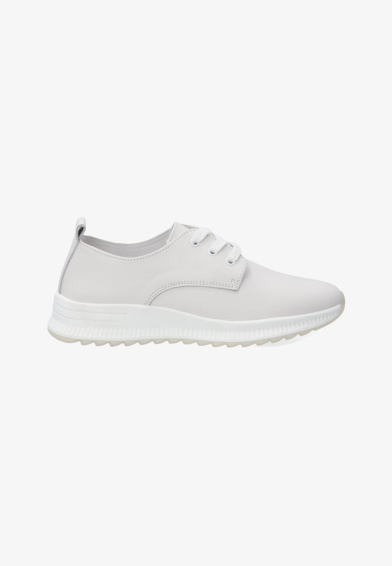 White leather sneaker with a smooth finish, rounded toe, six eyelets, and a textured white rubber sole. Features a pull tab at the heel.