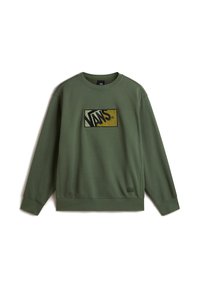 Felpa verde, materiale in cotone, collare a coste, maniche lunghe, con un logo Vans ricamato rettangolare in giallo e nero.