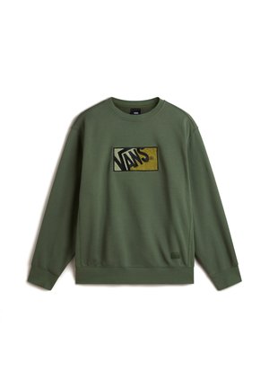 Grøn sweatshirt, lavet af bomuldsstof, ribbet krave, lange ærmer, med et broderet rektangulært Vans-logo i gult og sort.