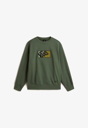 Grüner Sweatshirt, aus Baumwollmaterial, mit geribkeltem Kragen, langen Ärmeln, featuring ein gesticktes rechteckiges Vans-Logo in Gelb und Schwarz.