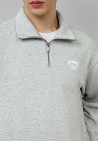 Pullover grigio chiaro con zip realizzato in morbido tessuto. Presenta un colletto alto, un logo discreto sul petto e polsini a coste per un look aderente.