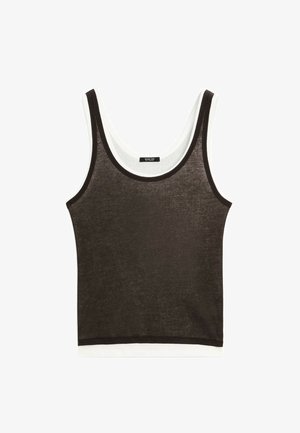 Mørkebrun ærmeløs tanktop med en hvid vandret kant. Lavet af letvægtsstof, med rund halsudskæring og minimalistisk design.
