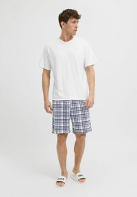 White short-sleeve T-shirt, blue and white checkered swim shorts, white slide sandals with black text, standing against a plain background.