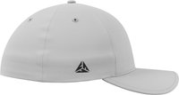Gray baseball cap made of smooth fabric, featuring a structured crown and curved brim. Black accent logo on the side.