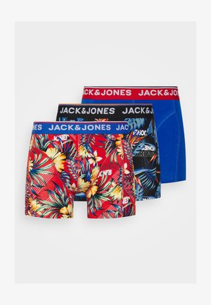 Trois paires de boxers : une rouge avec un imprimé tropical, une noire avec un motif floral, et une paire bleue unie. Ceintures élastiques avec logo.