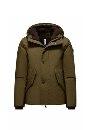 Groene, geïsoleerde parka-jack met een afneembare capuchon, voorknoopsluiting, zijzakken en fleecevoering. Beschikt over ribbelmanchetten en een binnenlabel.