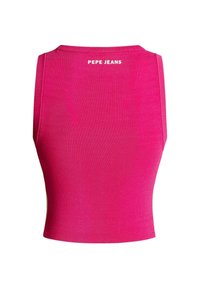 Prilagođeni, bezrukavni crop top u svijetlo ružičastoj boji, napravljen od rebraste tkanine. Ima bijeli logo "PEPE JEANS" na stražnjem izrezu vrata.