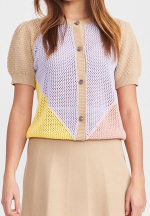 Vrouw die een gebreid vest met knopen en korte mouwen draagt, met beige mouwen en pastelkleurige vlakken aan de voorkant, gecombineerd met een beige rok.