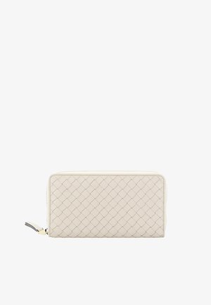 Beige woven leather wallet with a smooth texture, zip closure, and a keychain attachment on the side. Rectangular shape, minimal design.