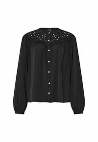 Svart långärmad blus med rund halsringning, med detaljer i broderie anglaise vid kragen och framknapparna, tillverkad av mjukt material.
