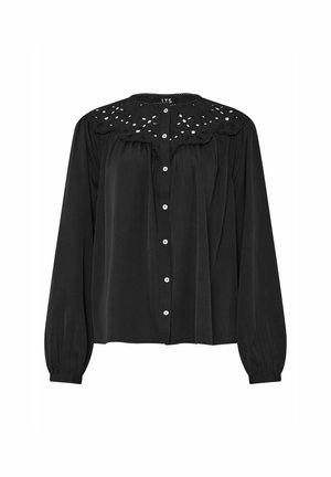 Blouse noire à manches longues avec un col rond, dotée d'un détail en broderie anglaise au col et aux boutons avant, fabriquée en tissu doux.