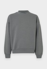 Gray sweatshirt featuring a ribbed round neckline, dropped shoulders, and fitted cuffs. Made from a smooth, soft fabric with a minimal design.