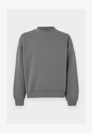 Felpa grigia con scollo rotondo a coste, spalle scese e polsini aderenti. Realizzata in un tessuto liscio e morbido con un design minimalista.