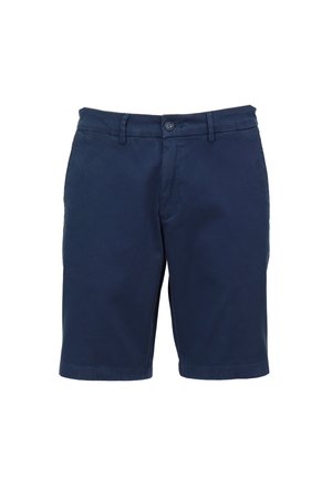 Pantaloncini da uomo blu navy fino al ginocchio con passanti per cintura, chiusura frontale con bottoni e due tasche laterali.