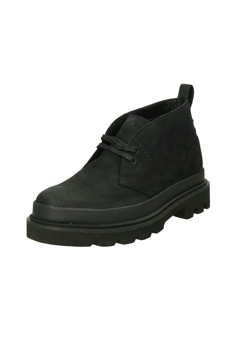Stivali alla caviglia in suede nero con suola in gomma spessa, punta rotonda, design semplice con lacci e linguetta sul retro per una facile calzata.