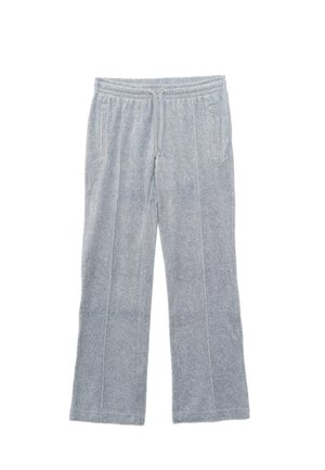 Pantaloni in pile grigio chiaro con vita elastica, coulisse, tasche laterali con zip e gambe dritte posati in piano su sfondo bianco.