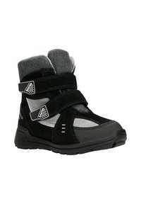 Czarne wodoodporne buty za kostkę z szarymi akcentami tekstylnymi, wyposażone w dwie regulowane paski na rzepy, chropowatą górę i gumową podeszwę dla stabilności.