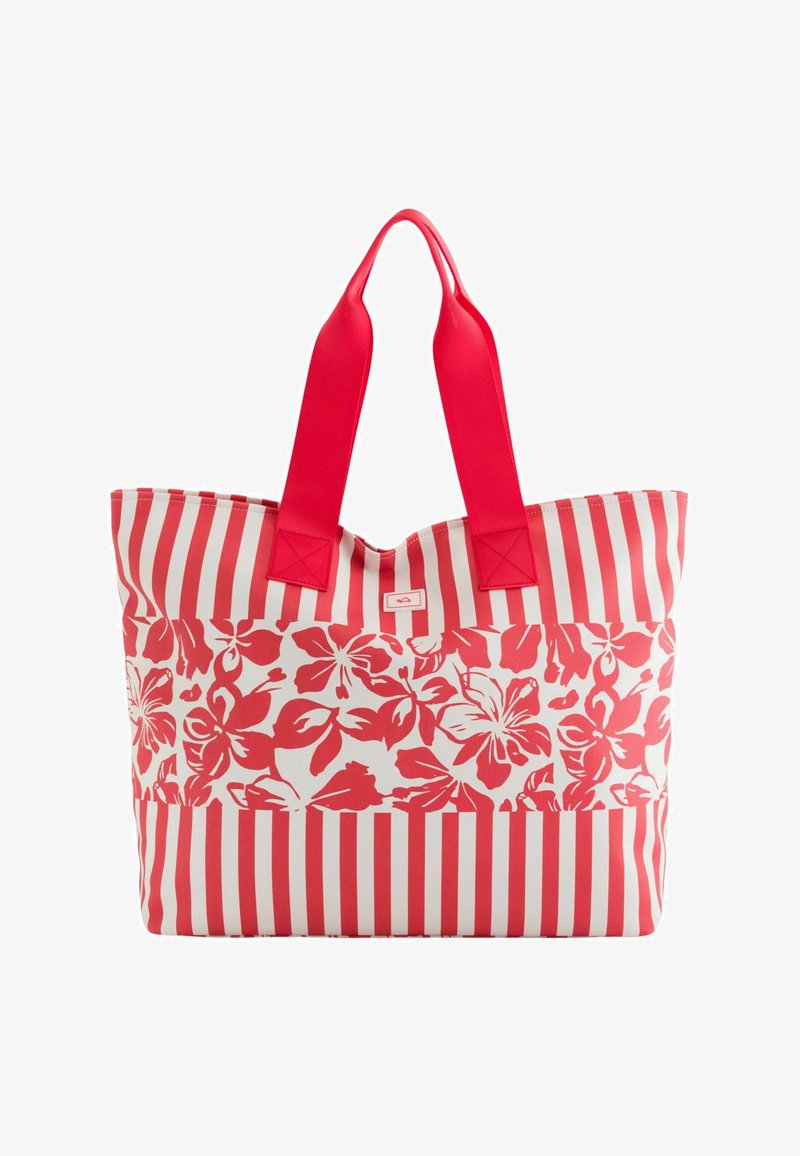 Czerwona i biała torba na ramię z kwiatowym wzorem w dolnej części i pionowymi paskami w górnej części, z czerwonymi uchwytami.