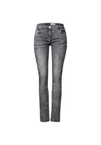 Slim-fit harmaa farkut keskikorkealla vyötäröllä, viisi taskua ja vetskari. Kangas sisältää hienovaraisen haalistuneen kuvion.