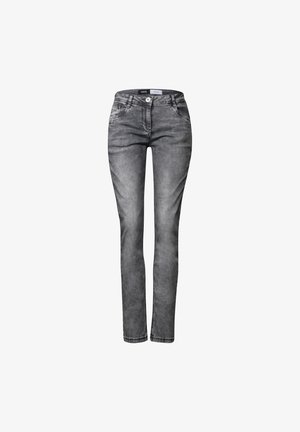 Jeans de denim gris de corte slim, con una cintura de altura media, cinco bolsillos y cierre de cremallera. La tela presenta un sutil patrón desgastado.