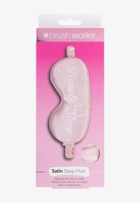 Ljusrosa satin sovmask med texten "Beauty Sleep"; mjuk textur; justerbart band; förpackad i en rosa kartong.