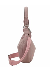 Borsa strutturata rosa a forma triangolare. Presenta un tessuto testurizzato, una tracolla regolabile con il marchio "Hello Kitty" e piccoli motivi a stella.