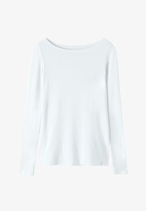 White long-sleeve shirt with a round neckline and soft, smooth texture. Simple design, no patterns or accents. Standard fit.