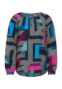 Långärmad blus med marinblå bakgrund och geometriska mönster i rosa, blått och teal. Mjuk tyg med avslappnad passform och samlad halslinning.