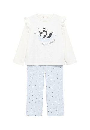 Vit långärmad pyjamasöverdel med volangärmar, prydd med en panda-grafik och text. Ljusblå byxor med stjärnmönster, tillverkade av mjukt tyg.