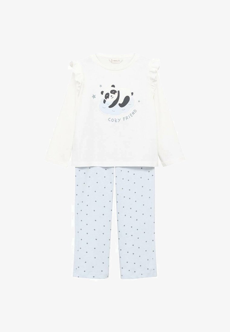 Bílé pyžamo s dlouhým rukávem a volánkovými rukávy, s grafikou pandy a textem. Světle modré kalhoty se vzorem hvězdiček, vyrobené z jemné tkaniny.