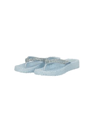 Light blue wedge flip-flops with textured soles and silver glittery thong straps, shown from a front angled view.