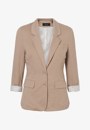 Beige women's blazer with two front buttons, notch lapel collar, front flap pockets, and rolled-up sleeves with striped lining visible.