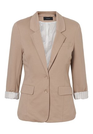 Beige blazer gemaakt van lichte stof, met notch-revers, twee voorzakken en opgerolde gestreepte mouwdetails.