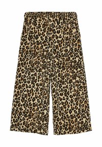 Vida byxor med leopardmönster och elastisk midja, med en beige bakgrund och svarta-bruna fläckar i ett glansigt tyg.