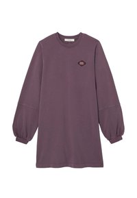 Robe sweat-shirt à manches longues de couleur violette avec des manches bouffantes et un petit logo "Sister Club" sur la poitrine gauche.