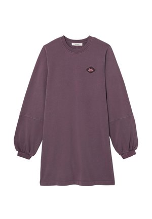 Robe sweat-shirt à manches longues de couleur violette avec des manches bouffantes et un petit logo "Sister Club" sur la poitrine gauche.
