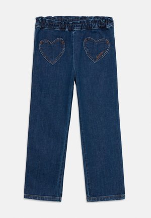 Denim broek met een gerimpelde tailleband, donkerblauwe kleur, rechte pijpen en hartvormige achterzakken met contrasterende stiksels.