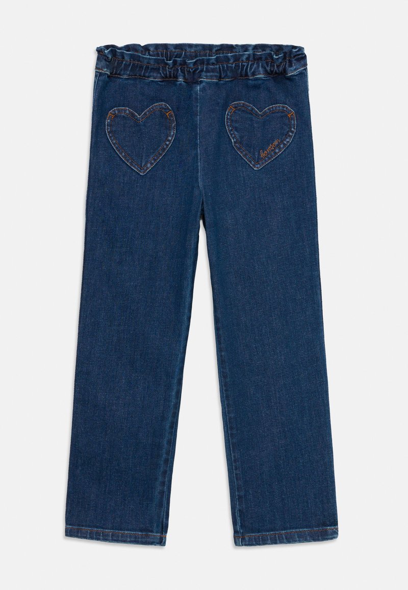 Džinsa bikses ar savākta jostasvietu, tumši zilā krāsā, taisnas kājas dizains un sirds formas aizmugurējie kabatas ar kontrastējošu šuvju detaļām.