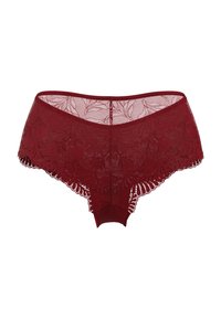 Bordeauxfarbene Spitzenunterwäsche mit floralem Muster, gezackten Kanten und durchsichtigem Rückendesign. Weicher Stoff mit glattem Bund.