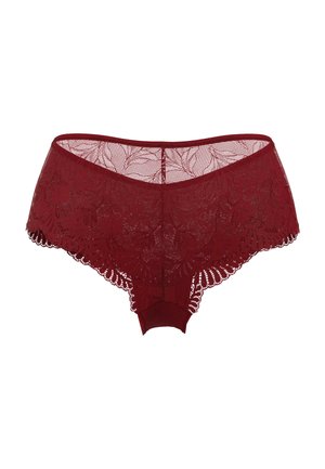 Bragas de encaje burdeos con un patrón floral, bordes festoneados y un diseño trasero transparente. Tejido suave con una cintura lisa.