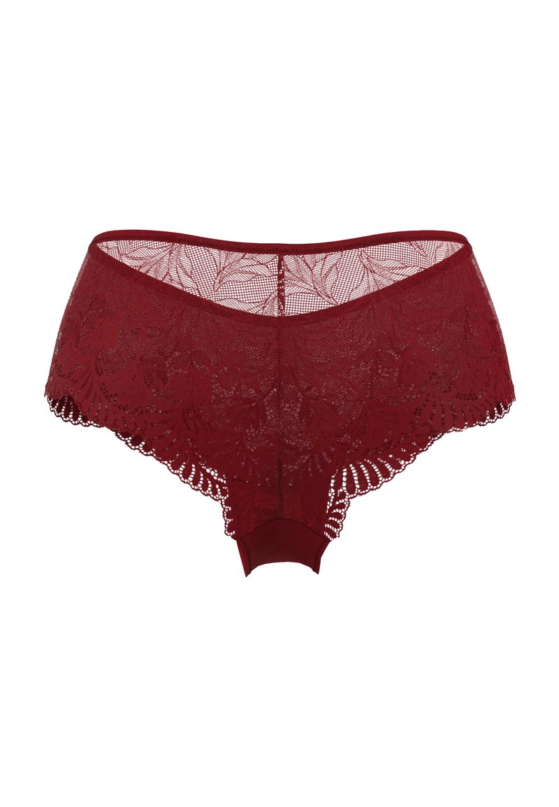 Bordeauxfarbene Spitzenunterwäsche mit floralem Muster, gezackten Kanten und durchsichtigem Rückendesign. Weicher Stoff mit glattem Bund.
